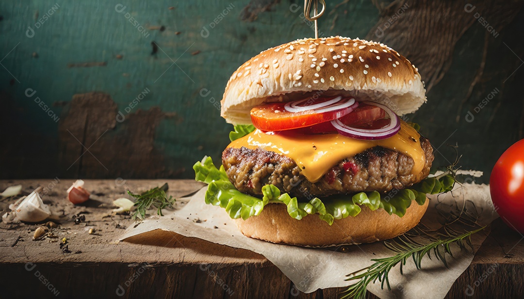 Hambúrguer suculento, artesão, rústico