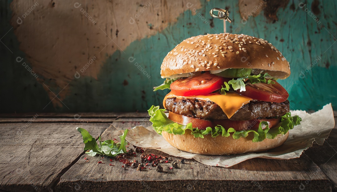 Hambúrguer suculento, artesão, rústico