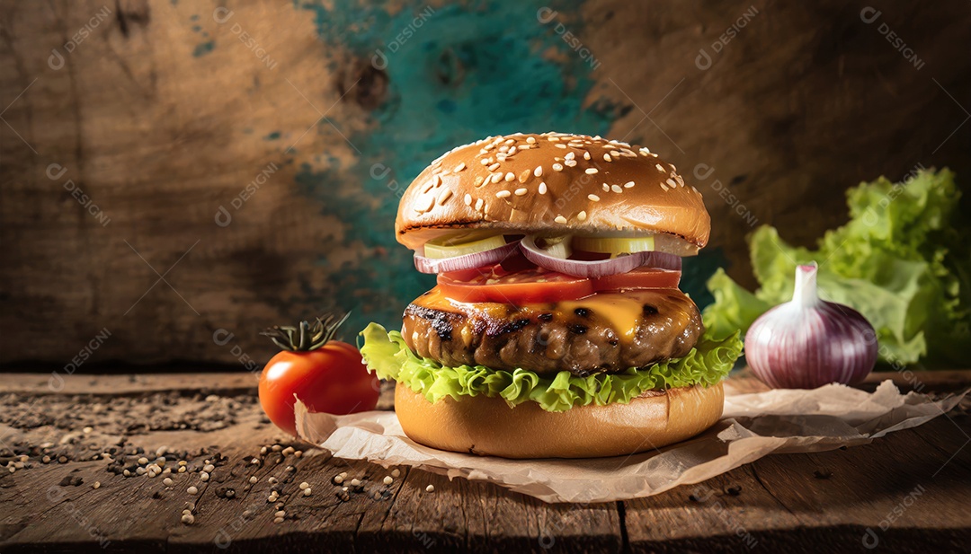 Hambúrguer suculento, artesão, rústico