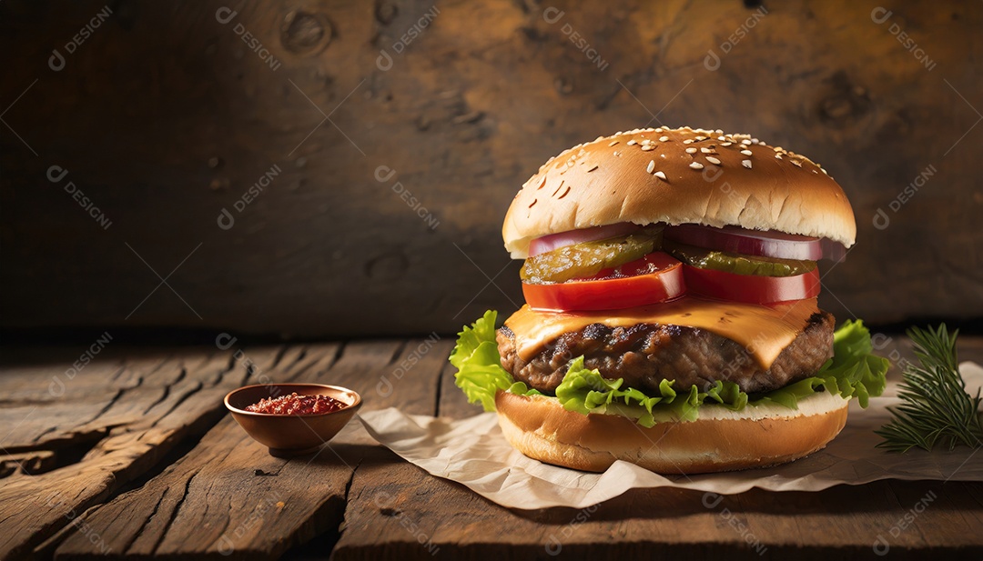 Hambúrguer suculento, artesão, rústico