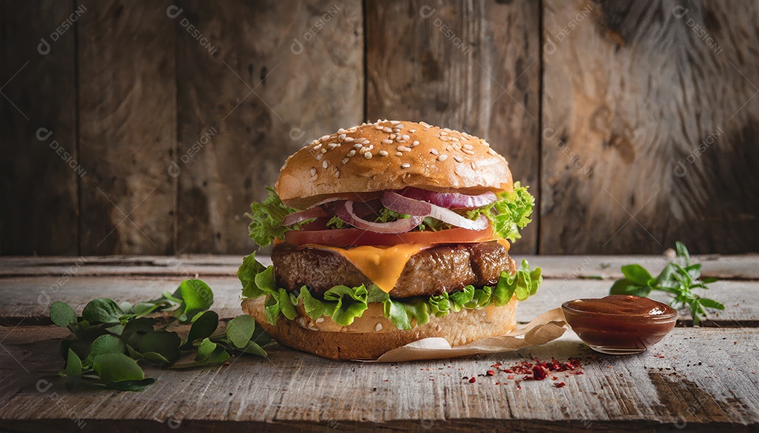 Hambúrguer suculento, artesão, rústico