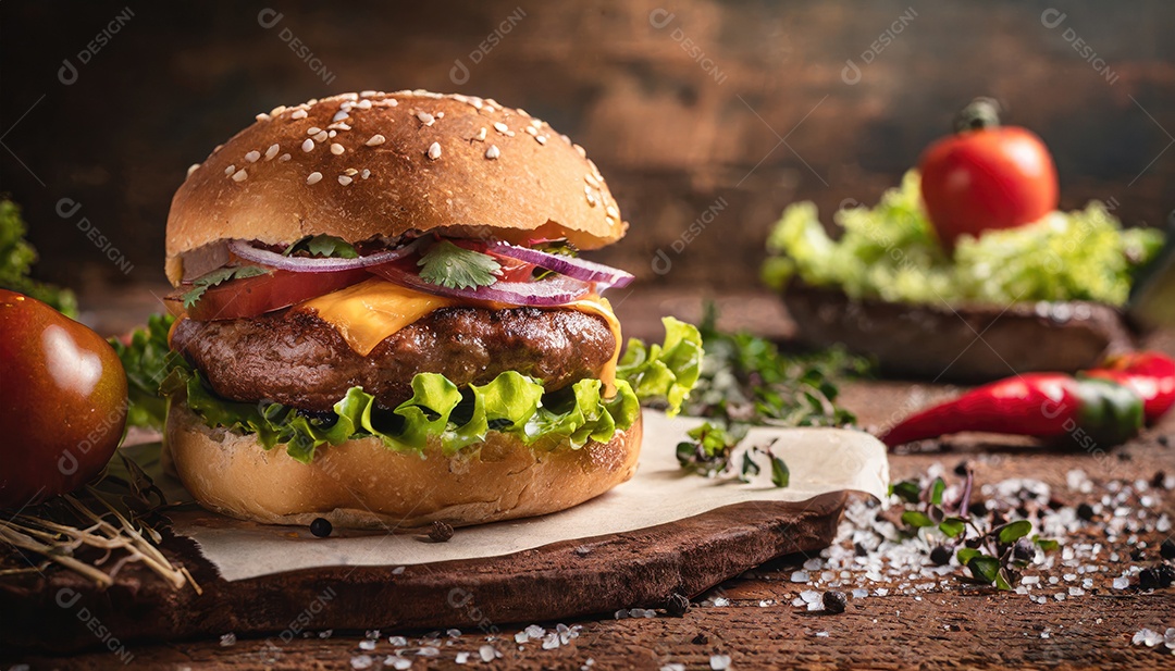 Hambúrguer suculento, artesão, rústico