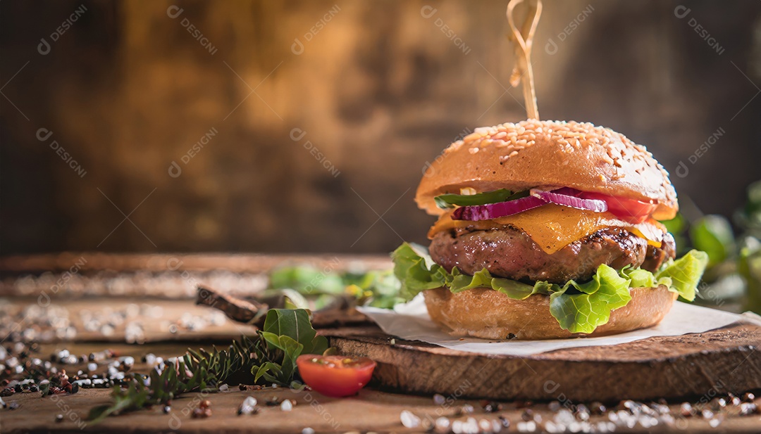 Hambúrguer suculento, artesão, rústico