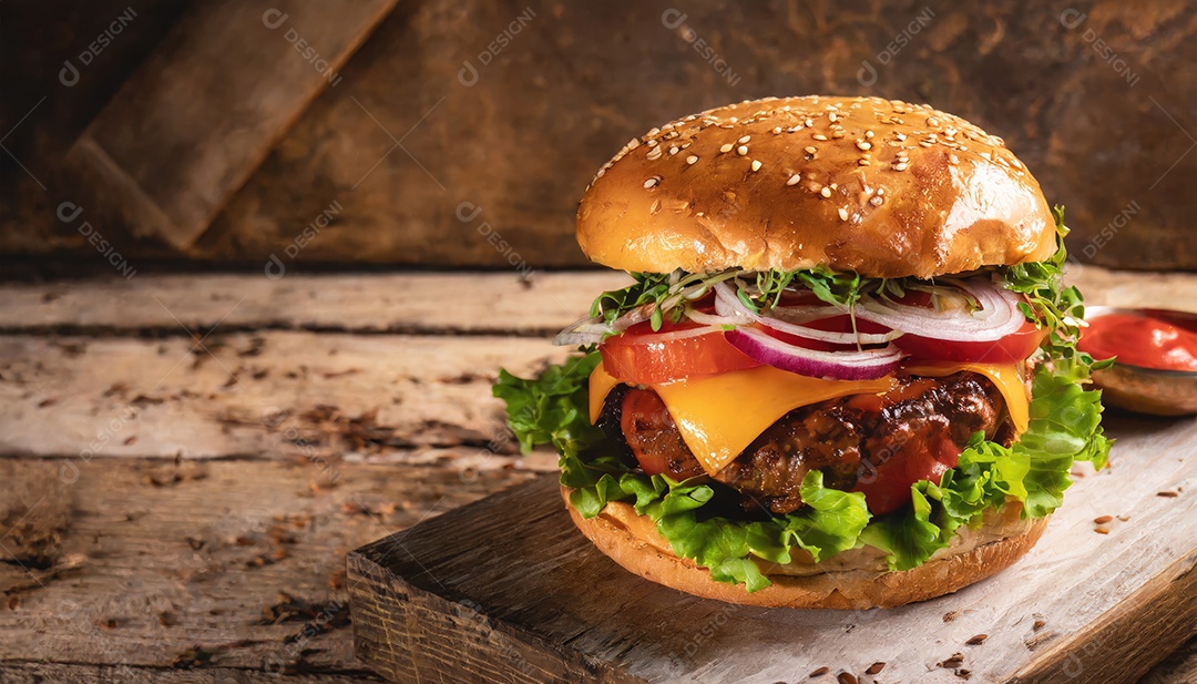 Hambúrguer suculento, artesão, rústico