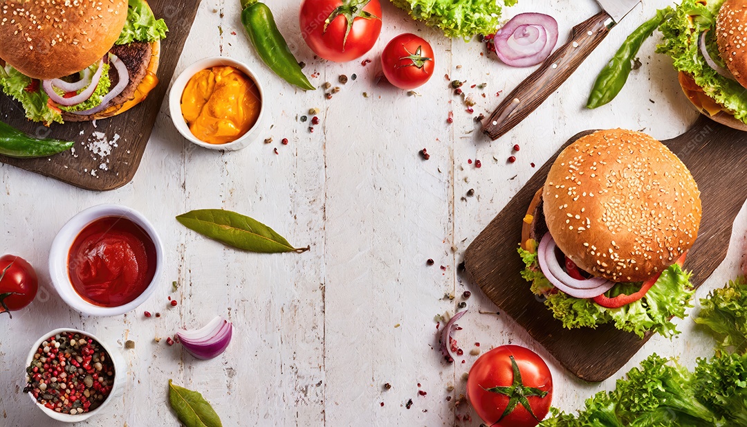 Hambúrguer suculento, artesão, rústico