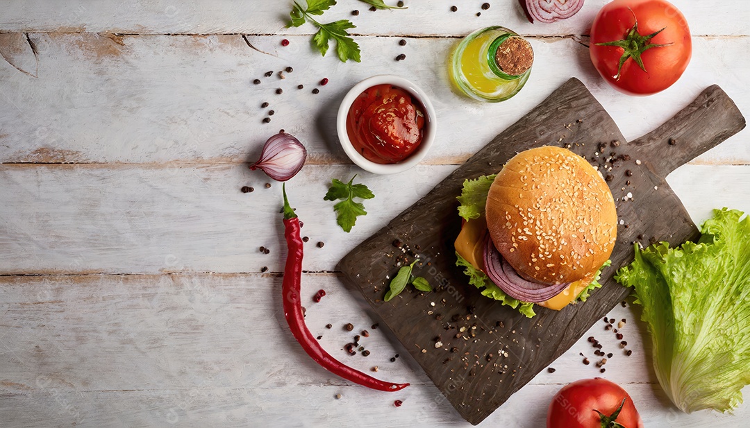 Hambúrguer suculento, artesão, rústico