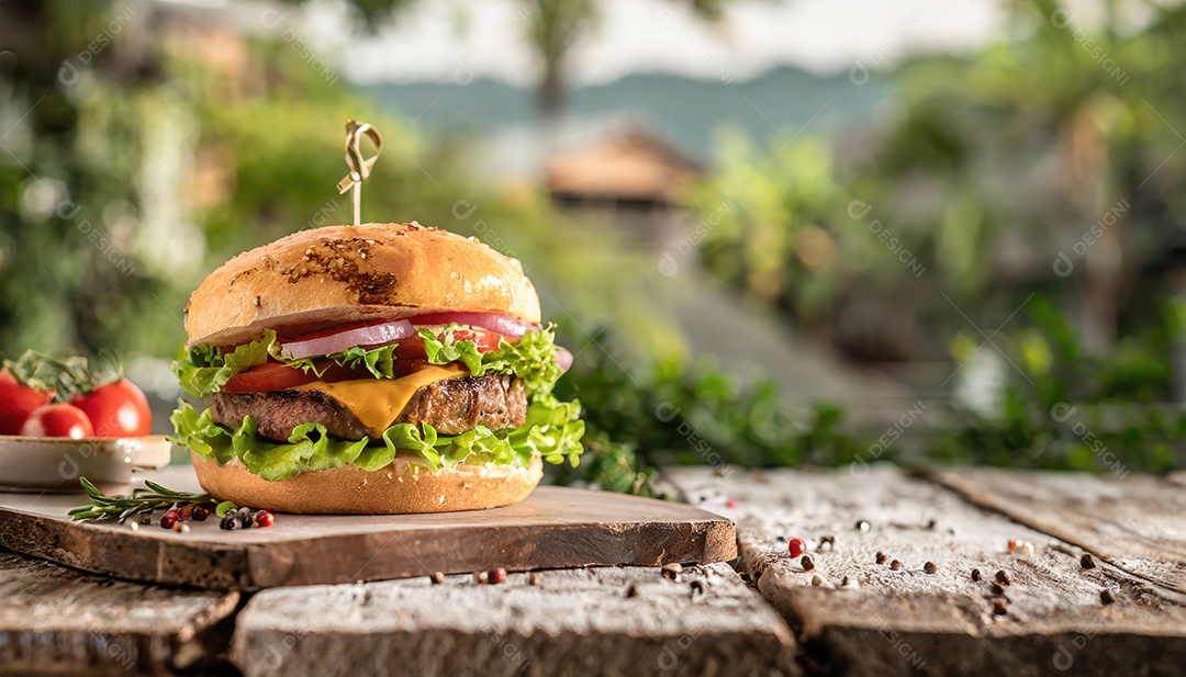 Hambúrguer suculento, artesão, rústico