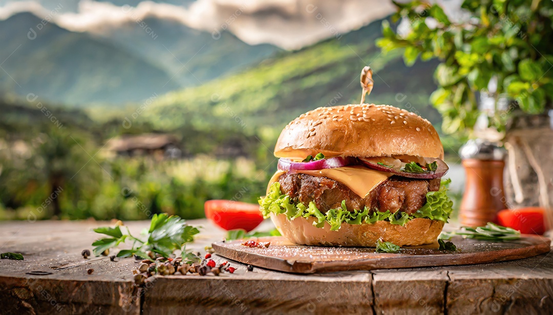 Foto do produto de um hambúrguer suculento, artesão, rústico