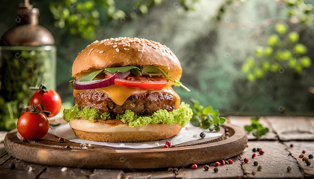 Hambúrguer suculento, artesão, rústico