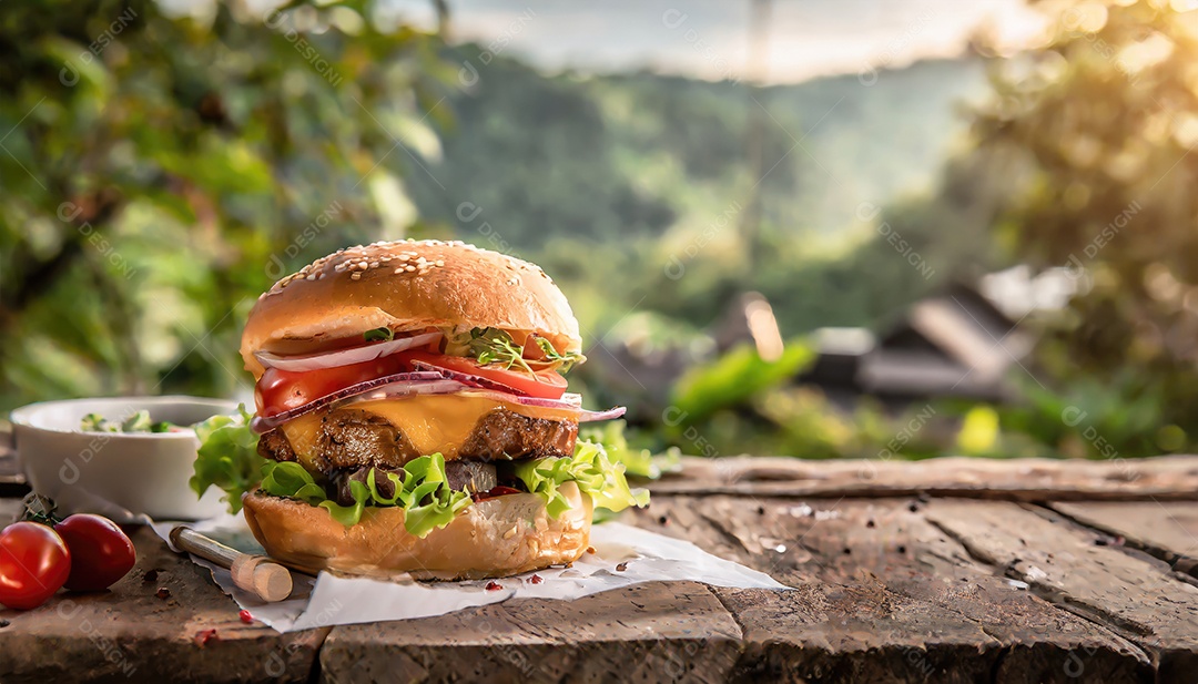 Hambúrguer suculento, artesão, rústico
