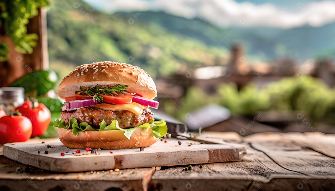 Hambúrguer suculento, artesão, rústico