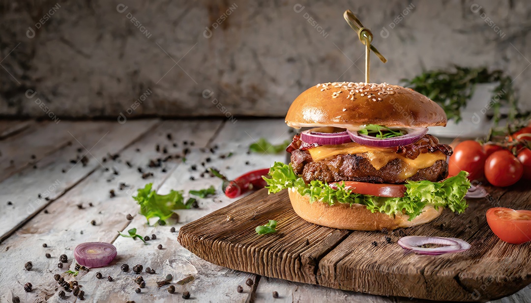 Hambúrguer suculento, artesão, rústico