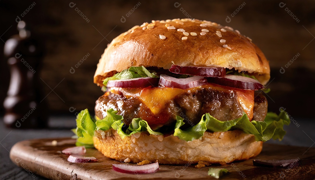 Hambúrguer suculento, artesão, rústico