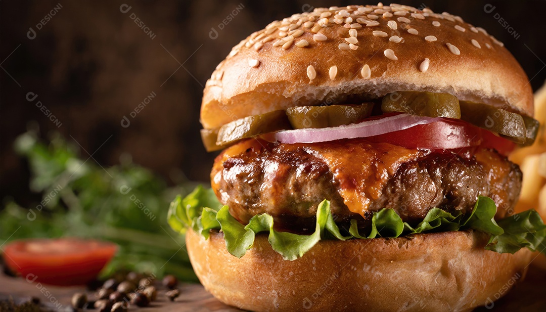 Hambúrguer suculento, artesão, rústico