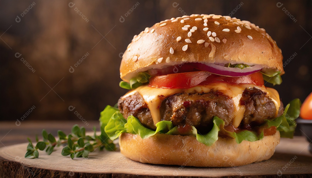 Hambúrguer suculento, artesão, rústico