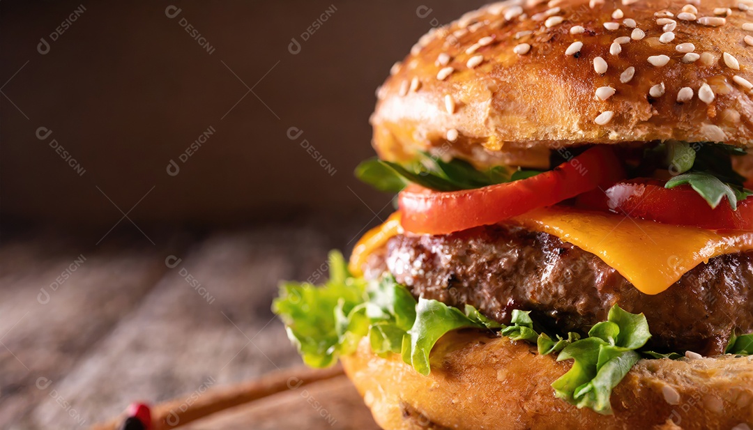 Foto do produto de um hambúrguer suculento, artesão, rústico