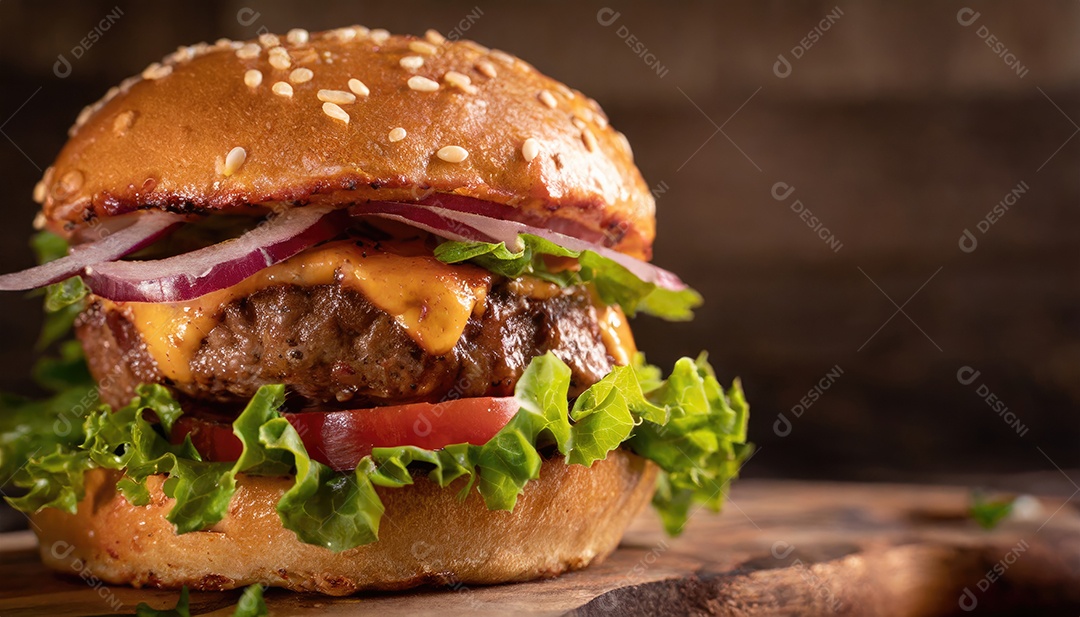 Foto do produto de um hambúrguer suculento, artesão, rústico