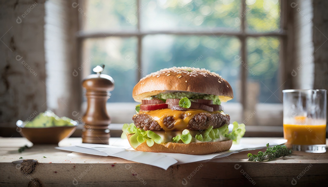 Foto do produto de um hambúrguer suculento, artesão, rústico