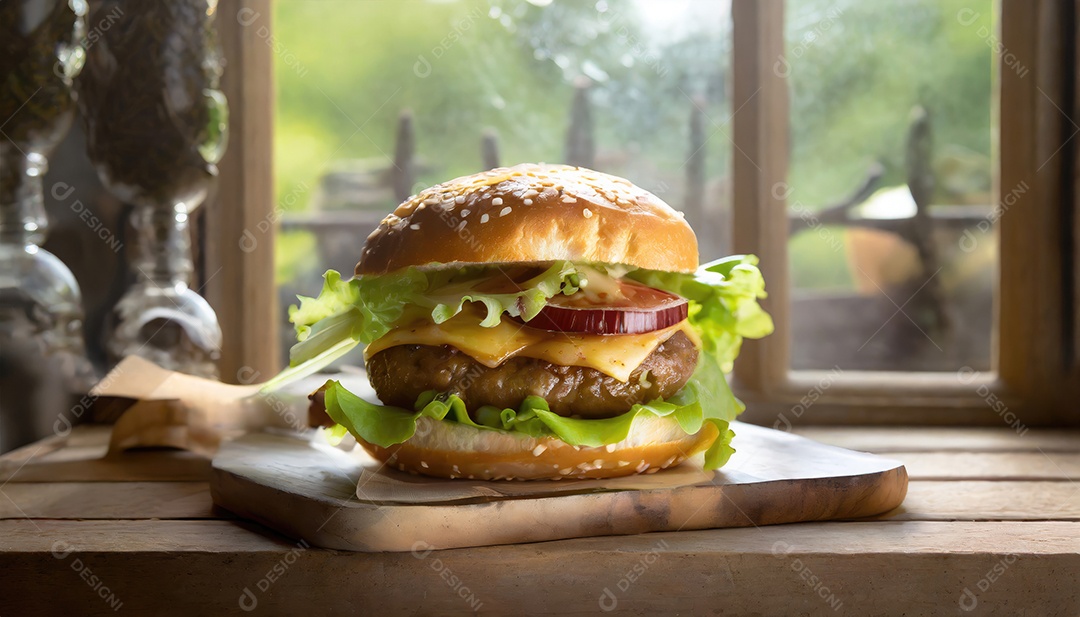 Foto do produto de um hambúrguer suculento, artesão, rústico