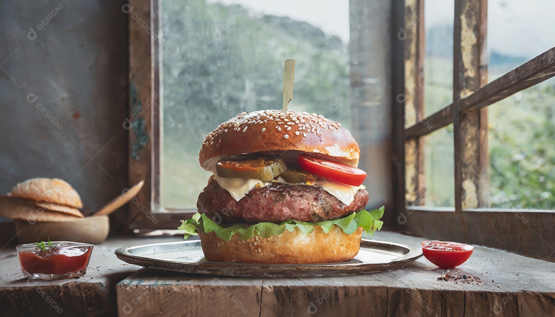 Foto do produto de um hambúrguer suculento, artesão, rústico