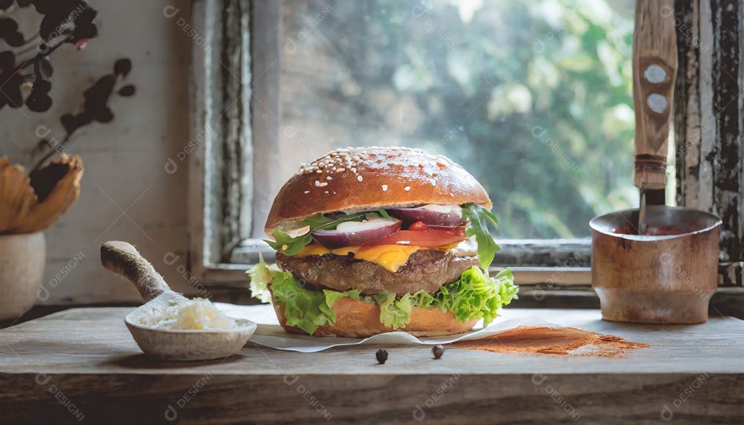 Foto do produto de um hambúrguer suculento, artesão, rústico