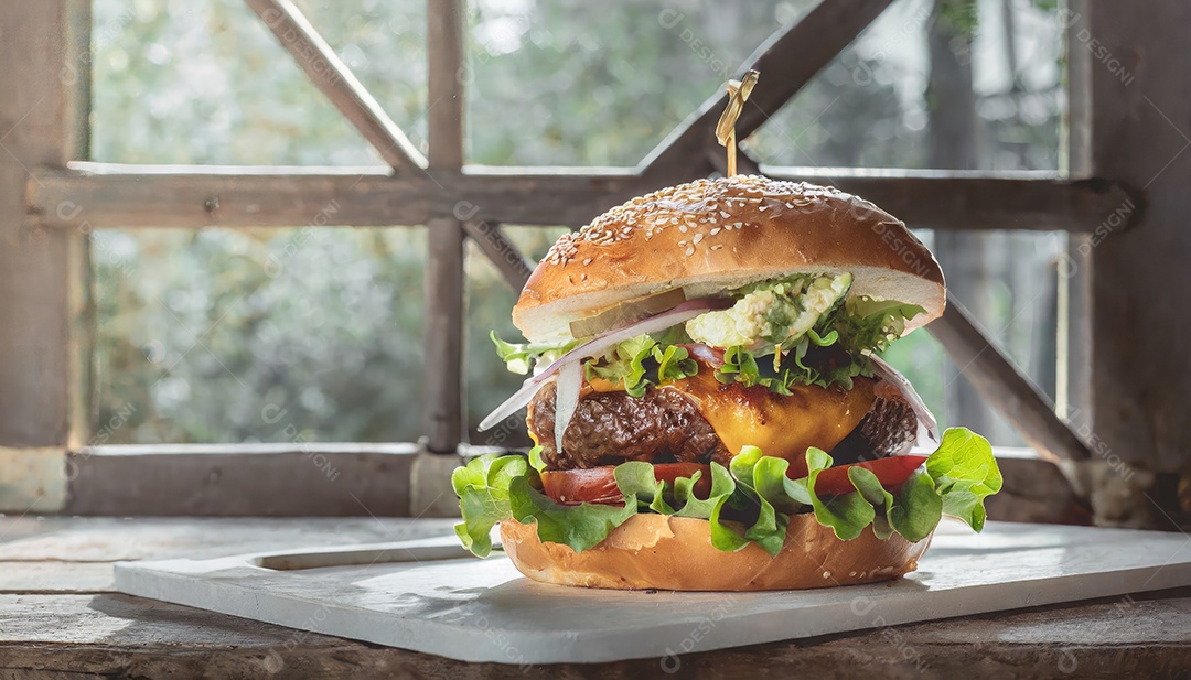 Foto do produto de um hambúrguer suculento, artesão, rústico
