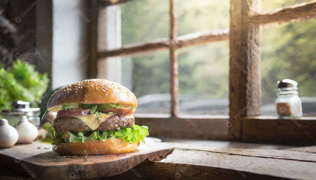 Foto do produto de um hambúrguer suculento, artesão, rústico