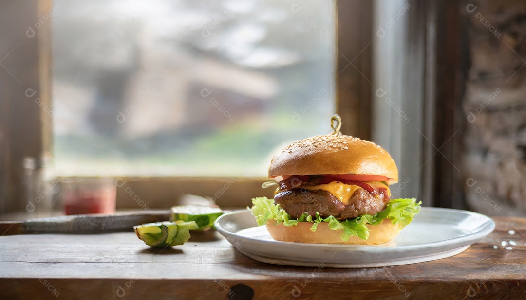 Foto do produto de um hambúrguer suculento, artesão, rústico