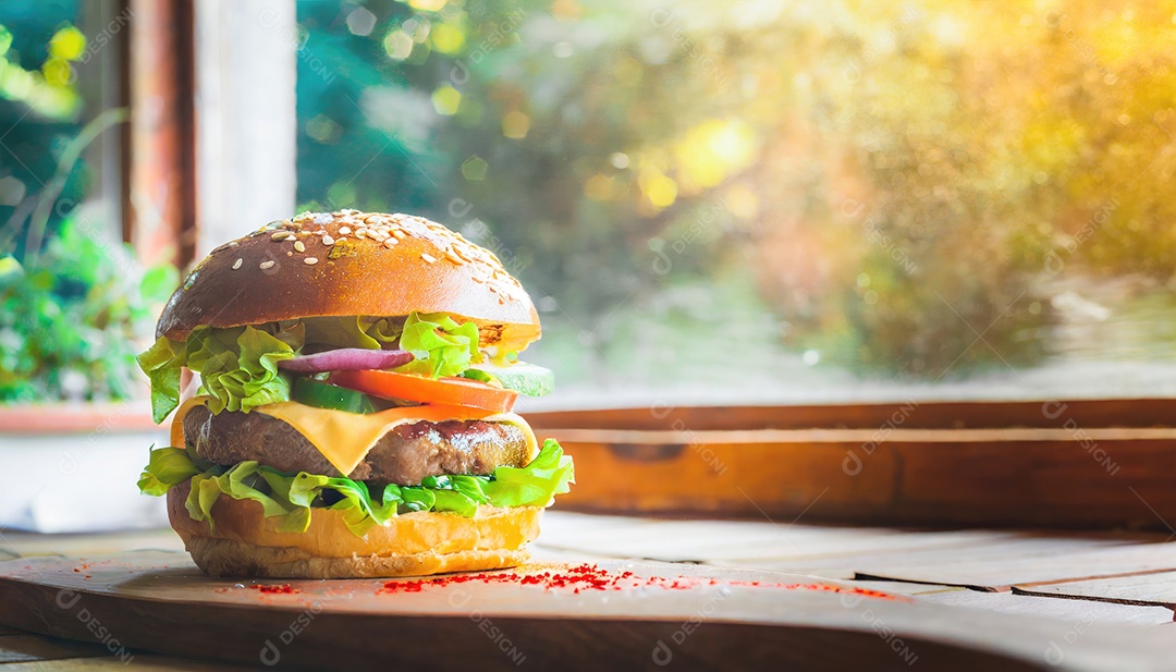 Foto do produto de um hambúrguer suculento, artesão, rústico