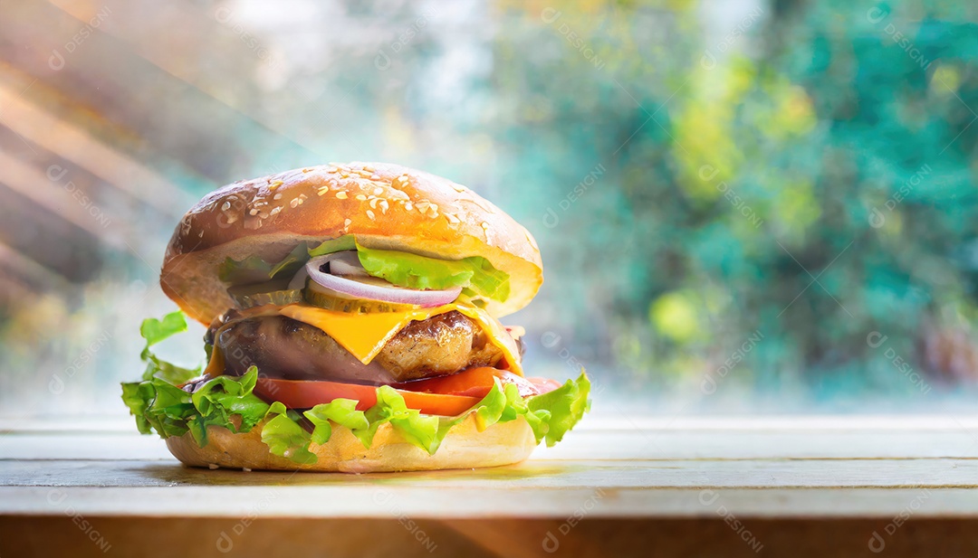 Foto do produto de um hambúrguer suculento, artesão, rústico
