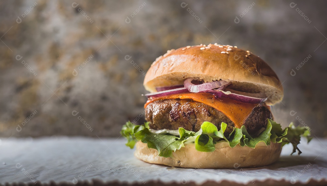 Foto do produto de um hambúrguer suculento, artesão, rústico