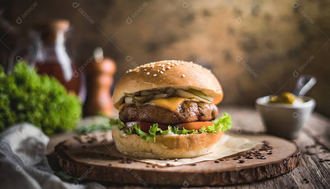 Foto do produto de um hambúrguer suculento, artesão, rústico