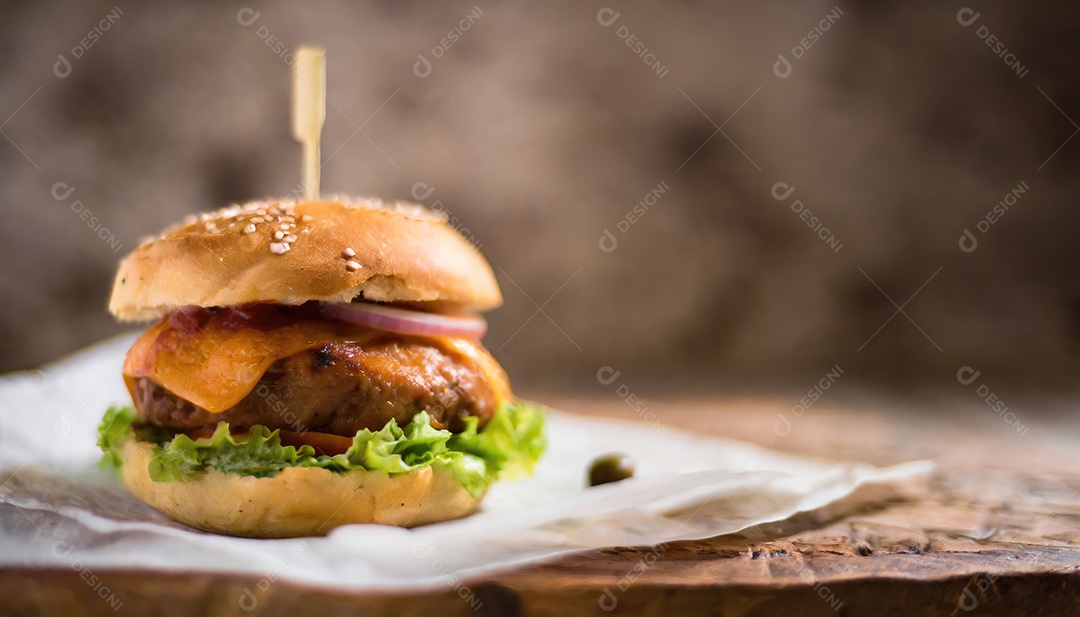 Foto do produto de um hambúrguer suculento, artesão, rústico