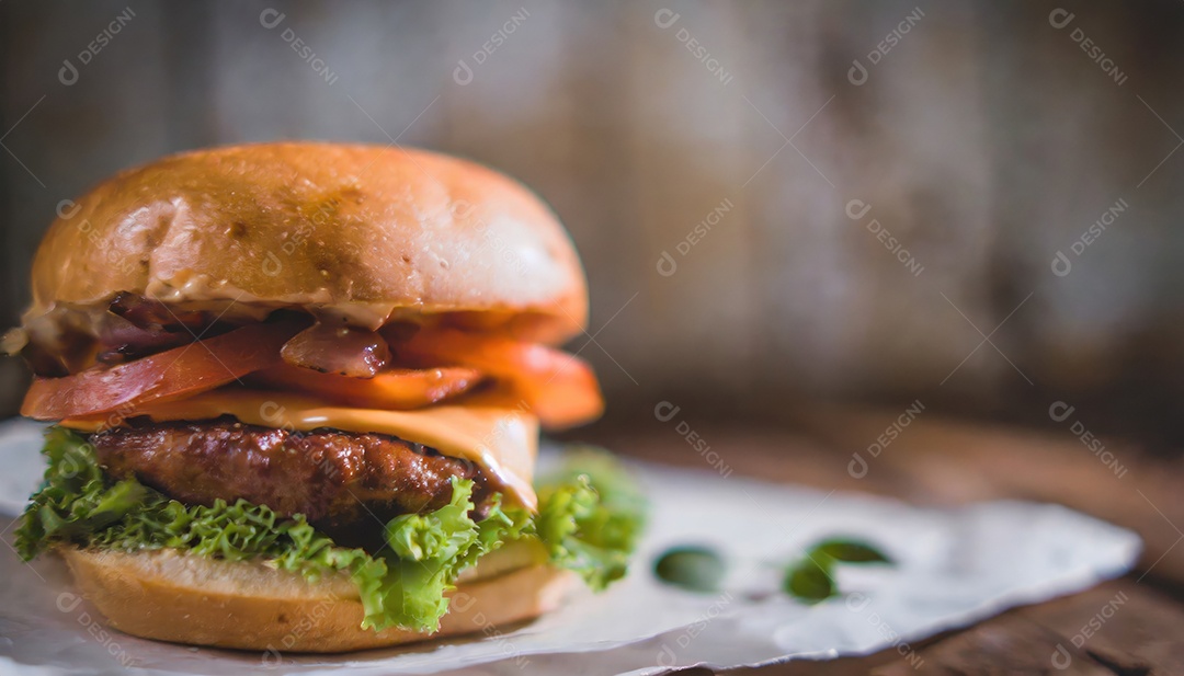 Um hambúrguer suculento, artesão, rústico