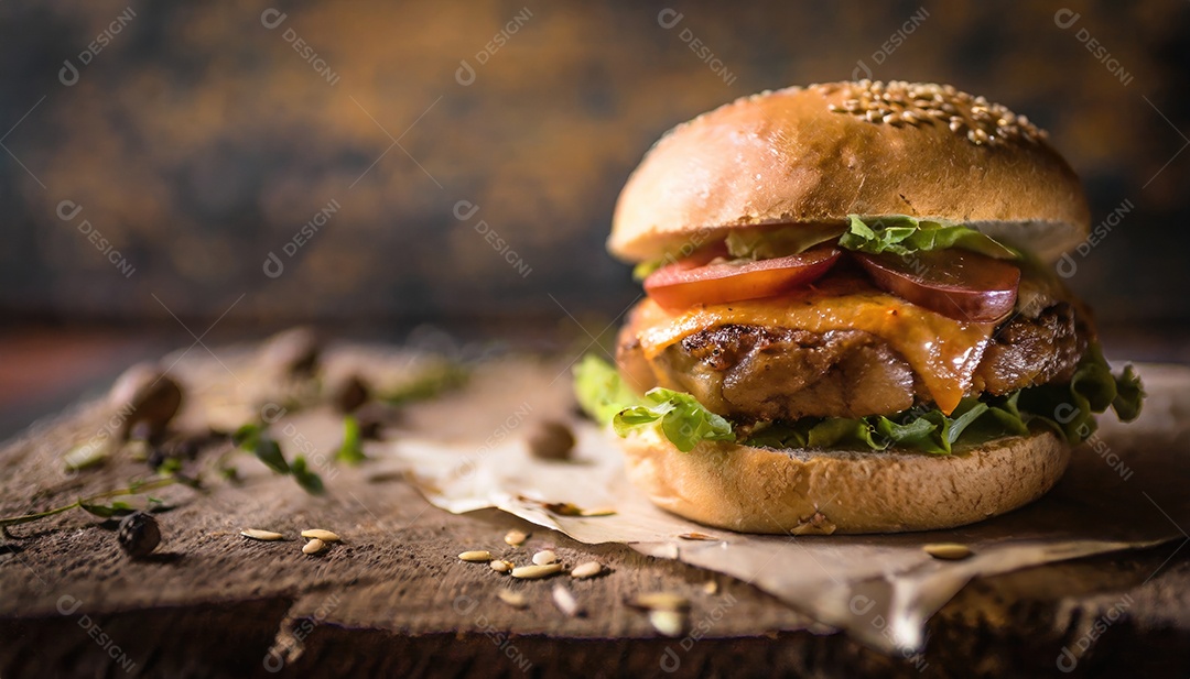 Um hambúrguer suculento, artesão, rústico