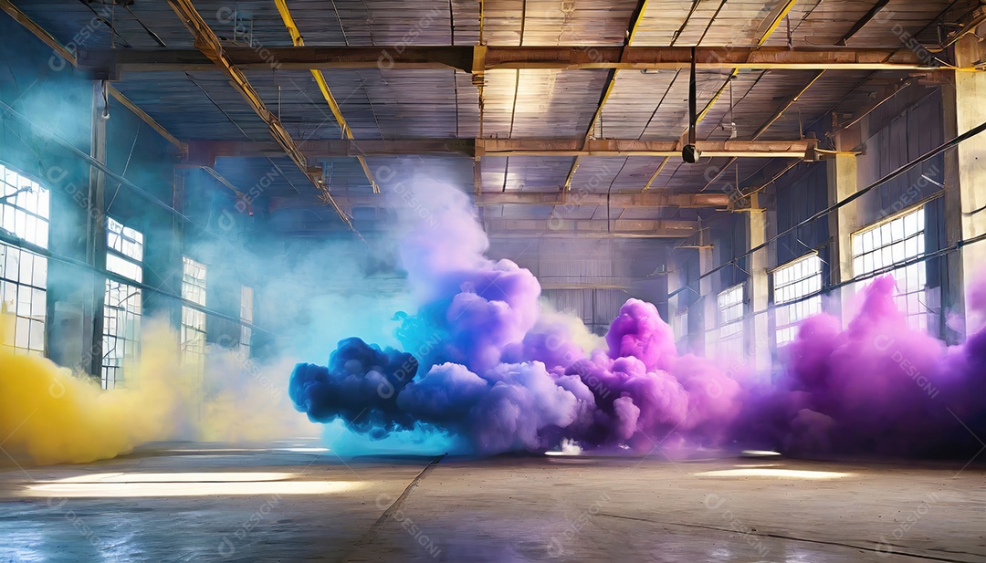 Dentro do armazém vazio, nuvens de fumaça amarela azul-roxa, colorida e brilhante, flutuam no ar