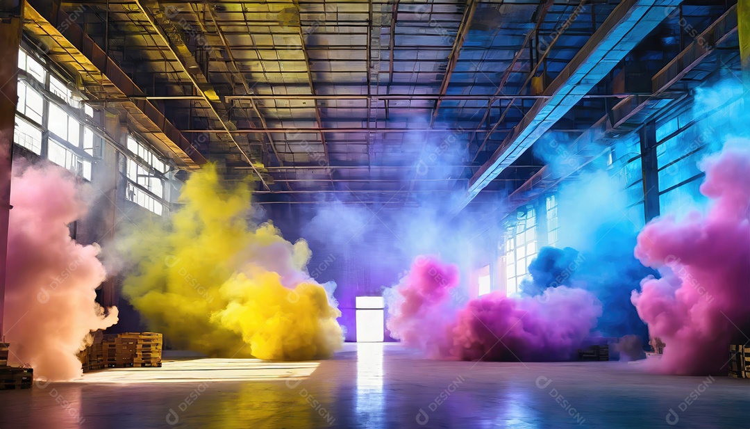 Dentro do armazém vazio, nuvens de fumaça amarela azul-roxa, colorida e brilhante, flutuam no ar