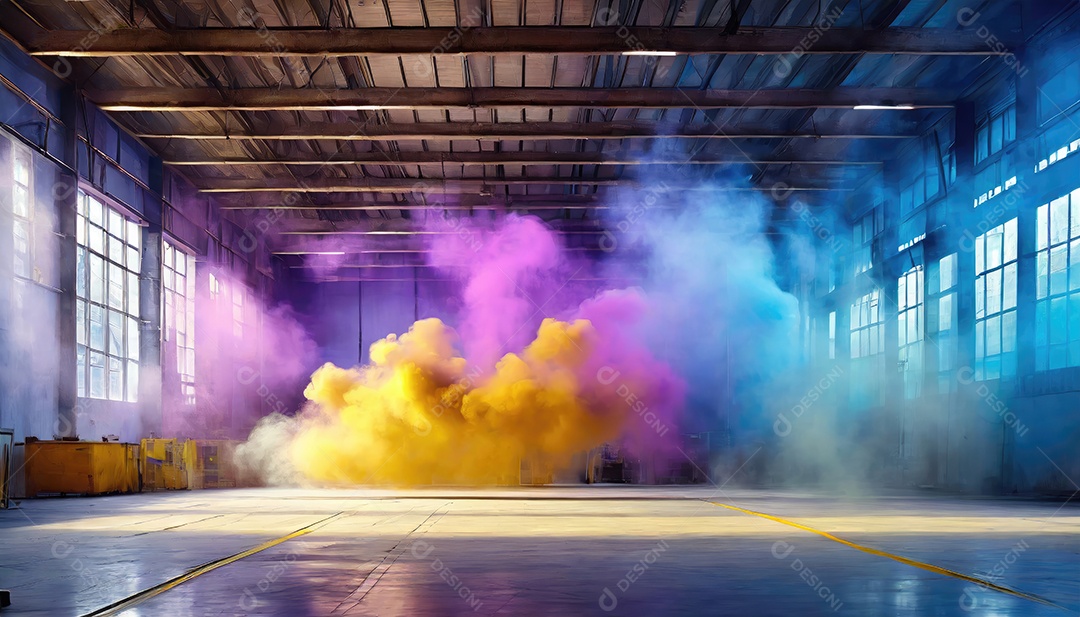 Dentro do armazém vazio, nuvens de fumaça amarela azul-roxa, colorida e brilhante, flutuam no ar