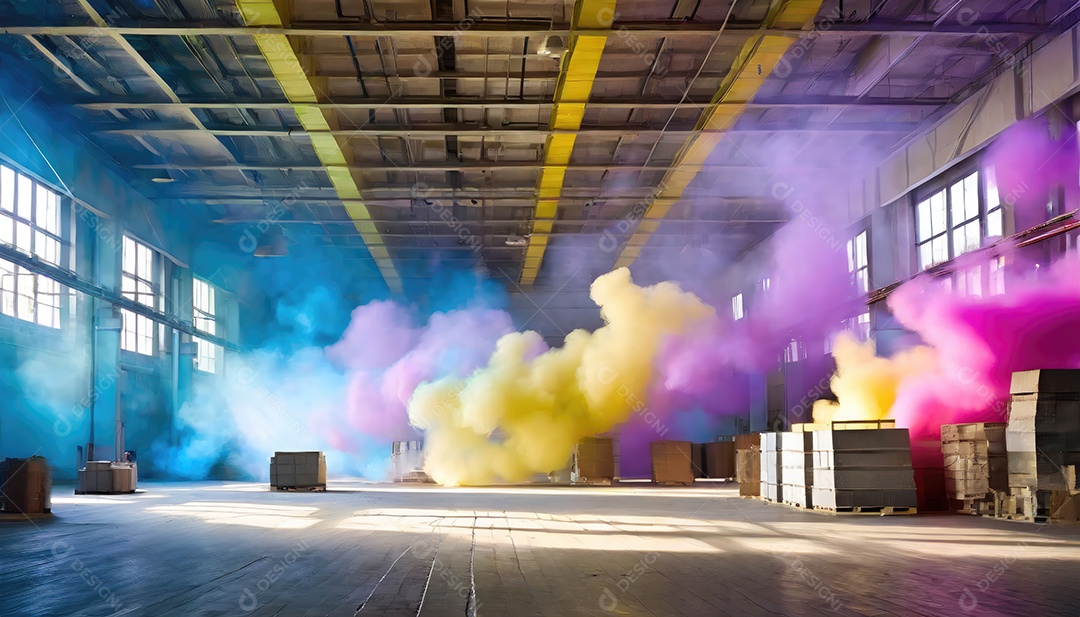 Dentro do armazém vazio, nuvens de fumaça amarela azul-roxa, colorida e brilhante, flutuam no ar