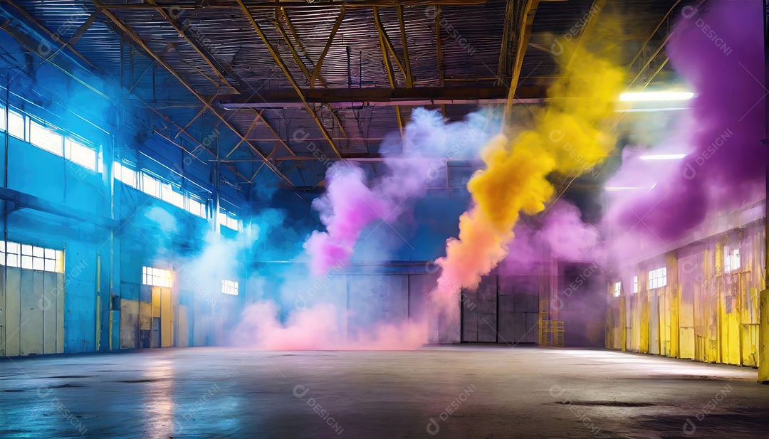 Dentro do armazém vazio, nuvens de fumaça amarela azul-roxa, colorida e brilhante, flutuam no ar