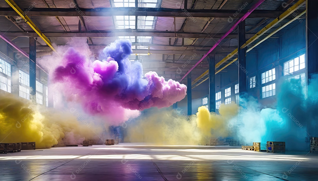 Dentro do armazém vazio, nuvens de fumaça amarela azul-roxa, colorida e brilhante, flutuam no ar