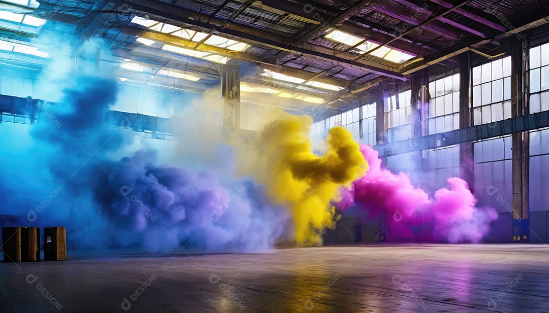 Vaga-lume dentro do armazém vazio, nuvens de fumaça amarela azul-roxa, colorida e brilhante, flutuam no ar