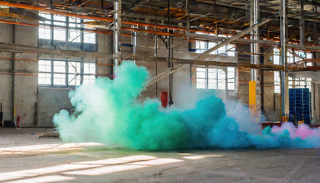 Dentro do armazém vazio, nuvens de fumaça amarela azul-roxa, colorida e brilhante, flutuam no ar