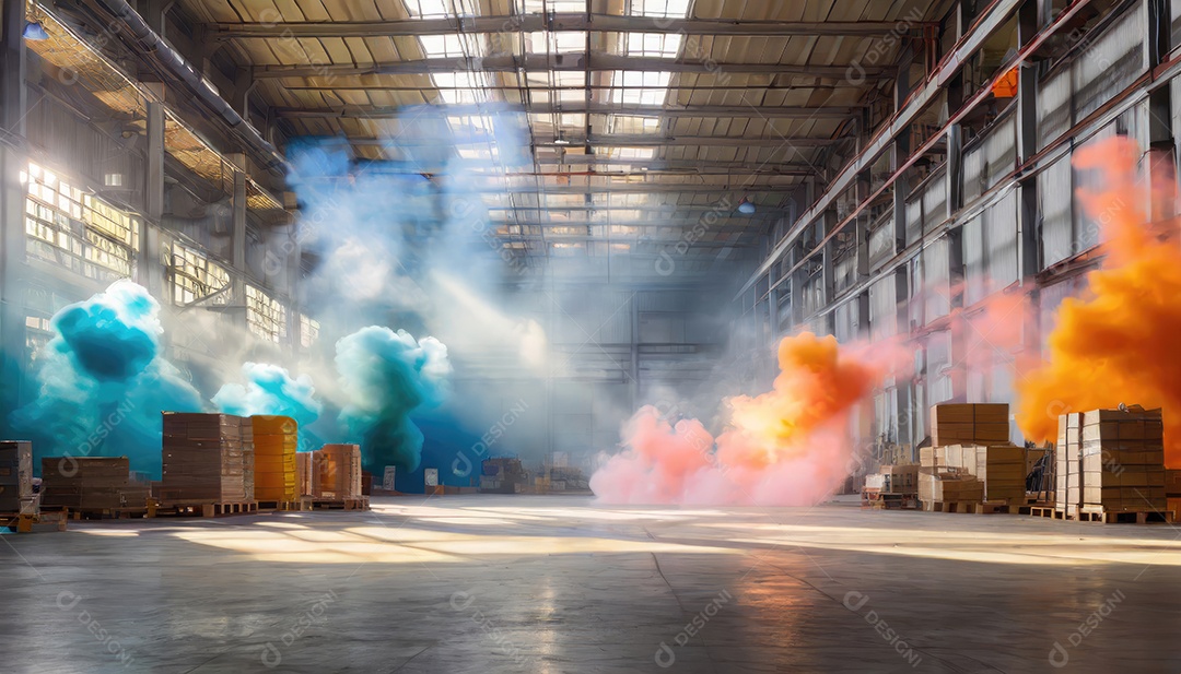 Dentro do armazém vazio, nuvens de fumaça amarela azul-roxa, colorida e brilhante, flutuam no ar