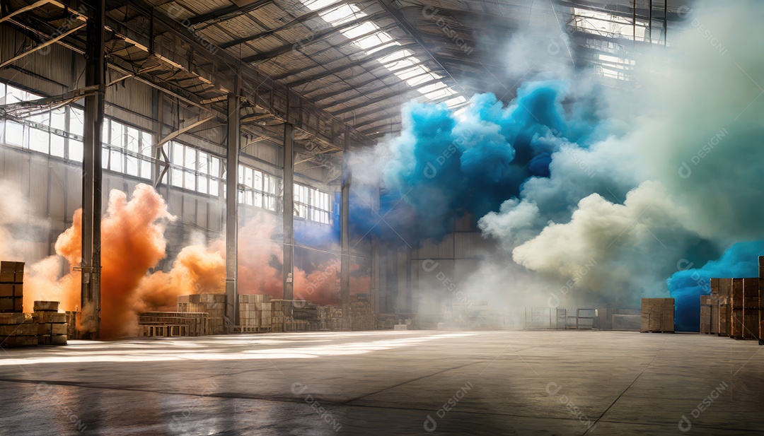 Dentro do armazém vazio, nuvens de fumaça amarela azul-roxa, colorida e brilhante, flutuam no ar