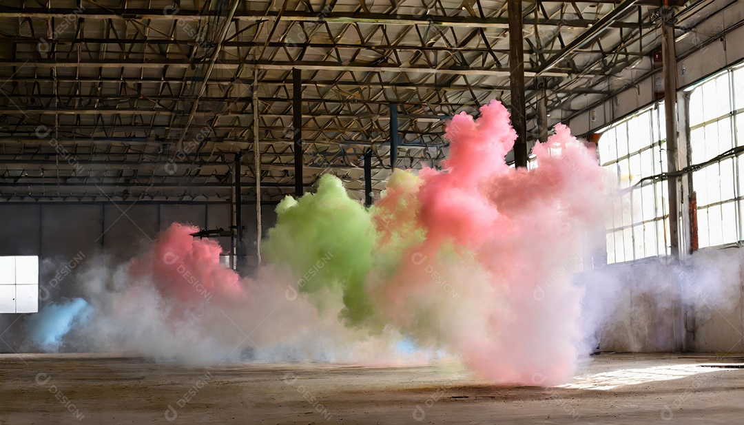 Dentro do armazém vazio, nuvens de fumaça de cores aleatórias brilhantes flutuam no ar