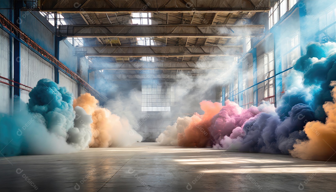 Dentro do armazém vazio, nuvens de fumaça de cores aleatórias brilhantes flutuam no ar