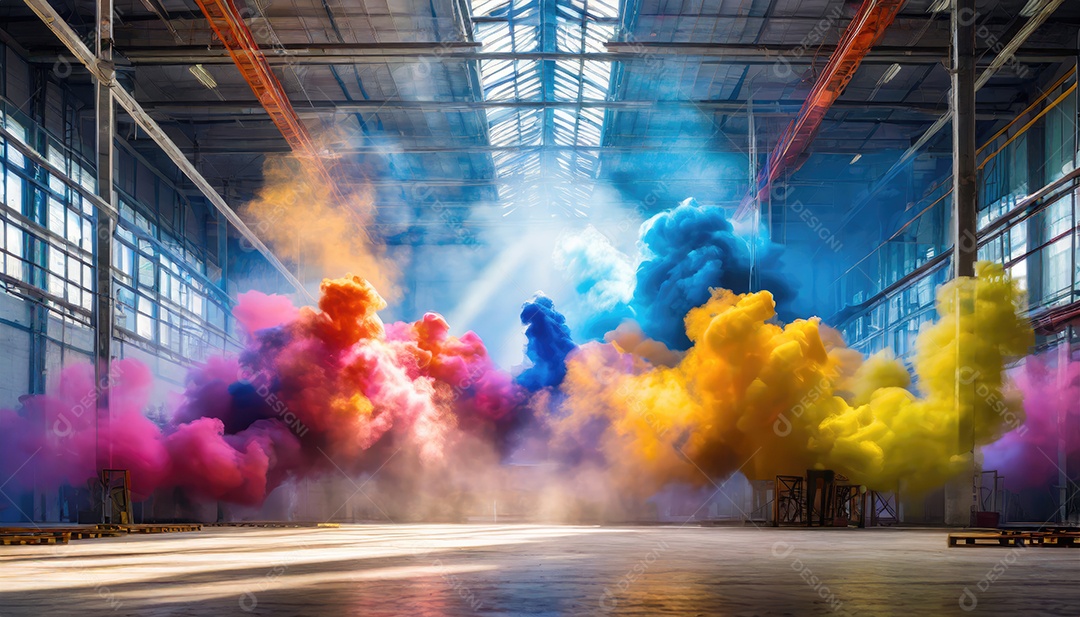 Dentro do armazém vazio, nuvens de fumaça de cores aleatórias brilhantes flutuam no ar