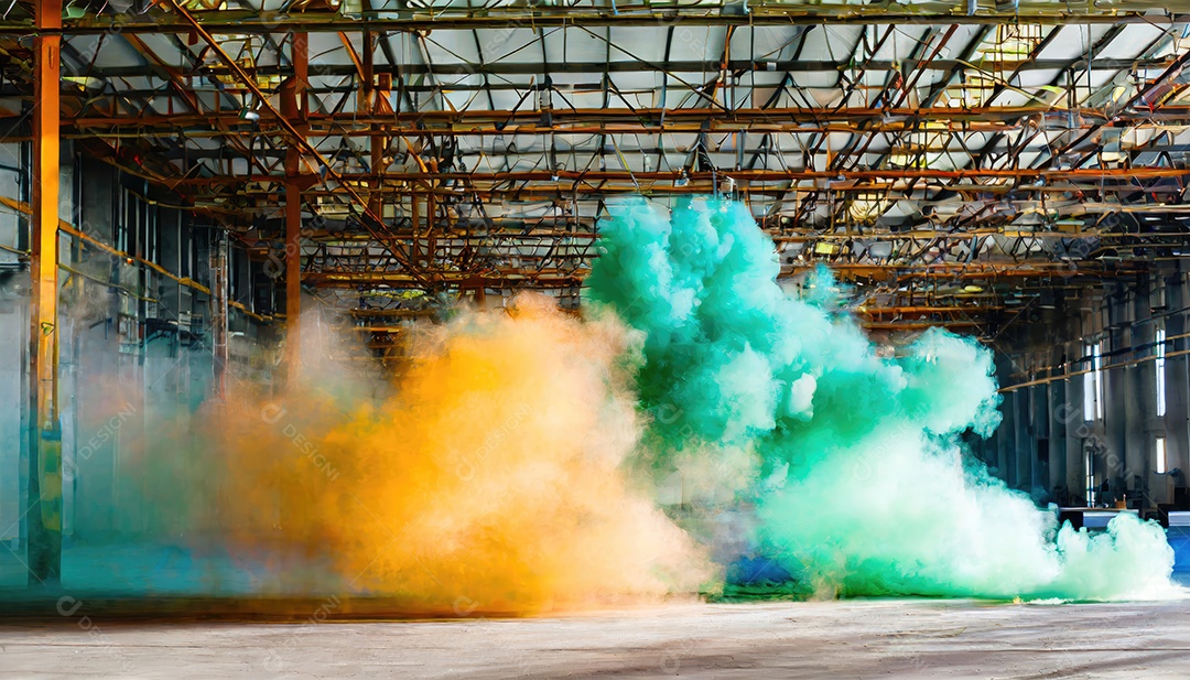 Dentro do armazém vazio, nuvens de fumaça de cores aleatórias brilhantes flutuam no ar