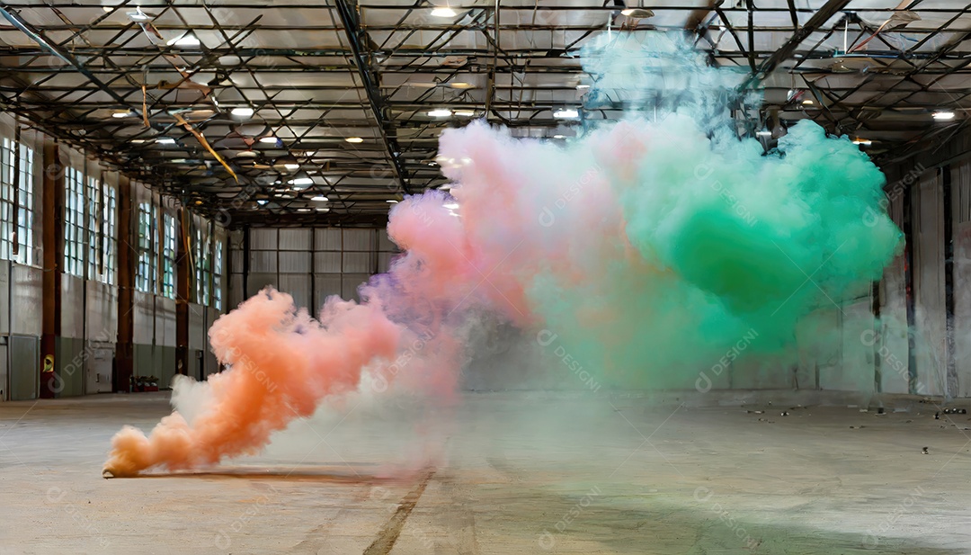 Dentro do armazém vazio, nuvens de fumaça de cores aleatórias brilhantes flutuam no ar